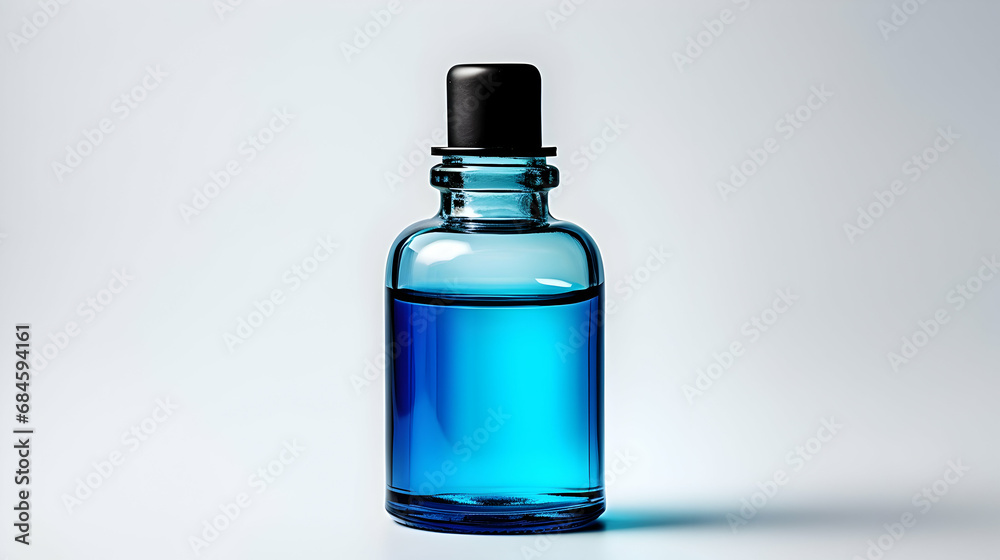 Close up of blue serum in a medical glass bottle, isolated on a white background,Generated Ai