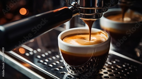 Freshly brewed coffee espresso pouring from the coffee machine