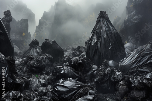 mountains of trash in black plastic bags