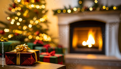 Close up of gift boxes at a living room with fireplace and Christmas decorations