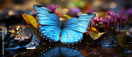 Morpho butterfly. Flower seeds in dew drops on sunset background. soft light. photo