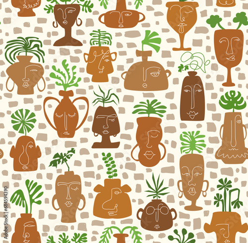 funky groovy fun houseplants with one line hand drawn faces pots and vases, ancient boho chic bohemian Mediterranean home decor design, vector illustration seamless pattern.