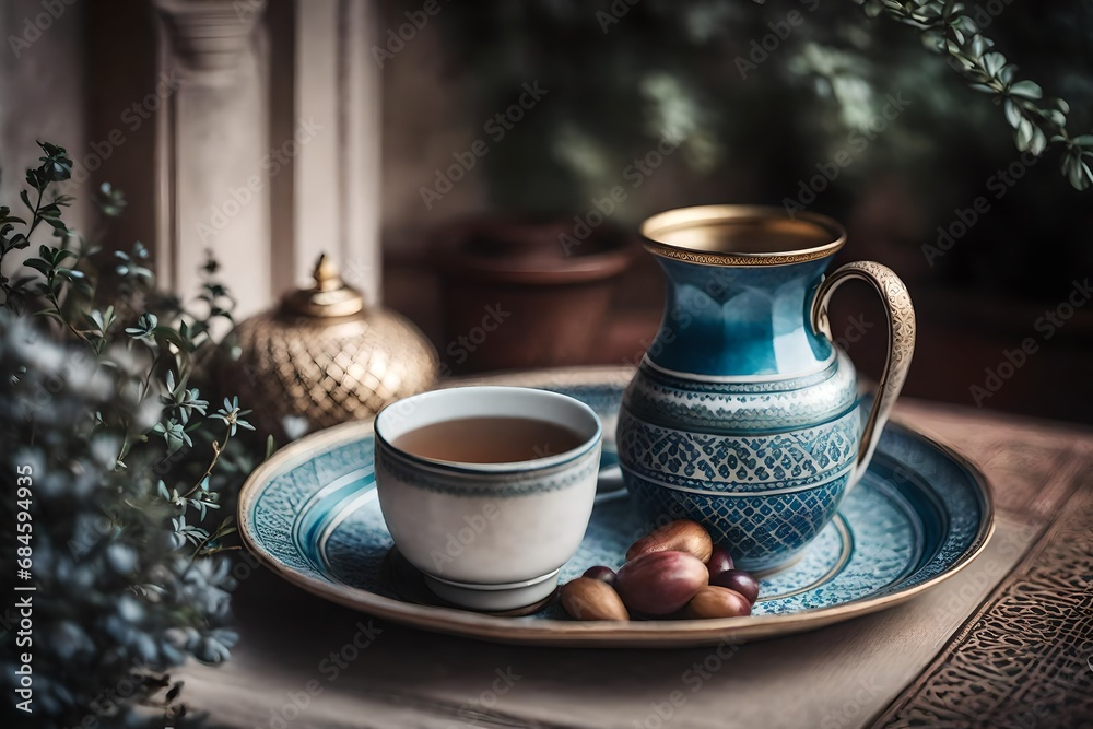 Fototapeta premium moroccan tea in a luxurious riad background