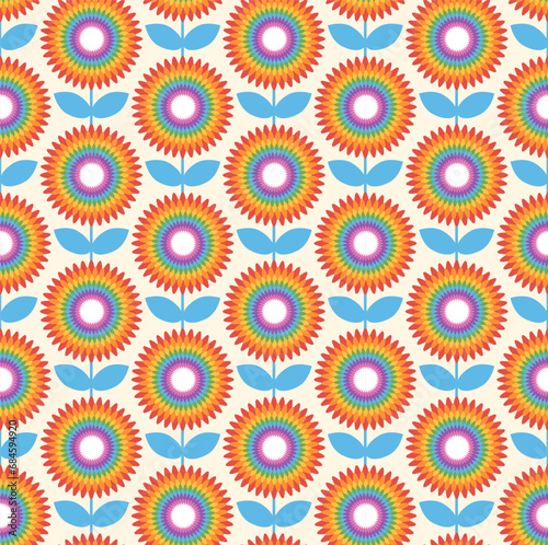 abstract geometric retro vintage mid-century modern colorful rainbow flower repeat design, vector illustration seamless pattern