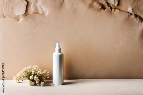 cosmetic container on ancient tuscan stucco wall background photo
