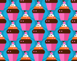 vintage dessert cupcakes in pink blue brown orange bright color palette seamless pattern, vector illustration repeat texture
