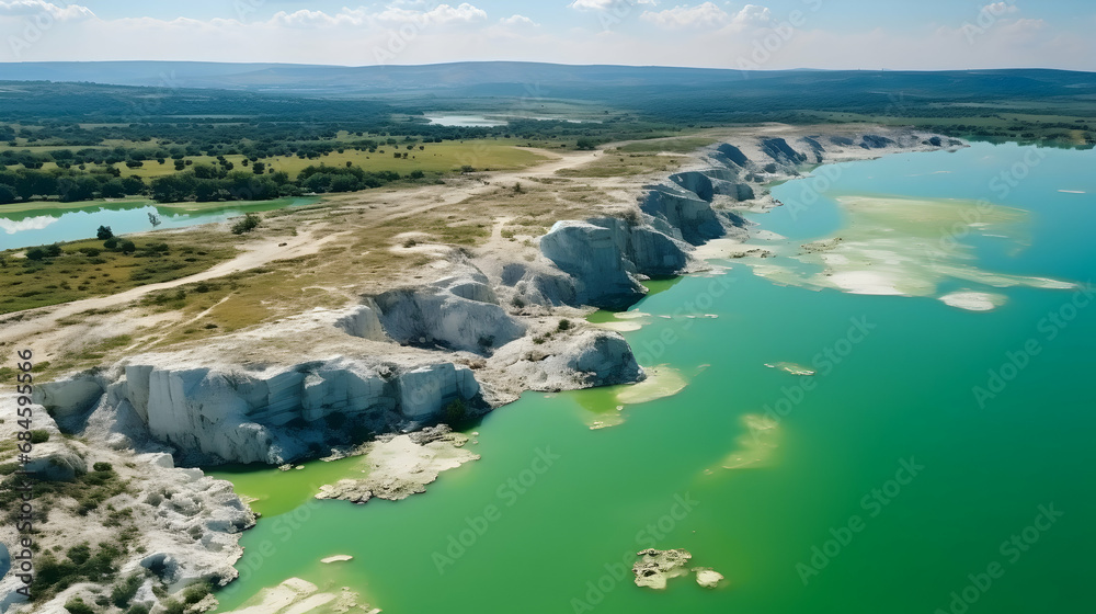 Aerial drone view a green lake formed on phosphogypsum waste, travel Ukraine, gypsum waste from factories,Generated Ai