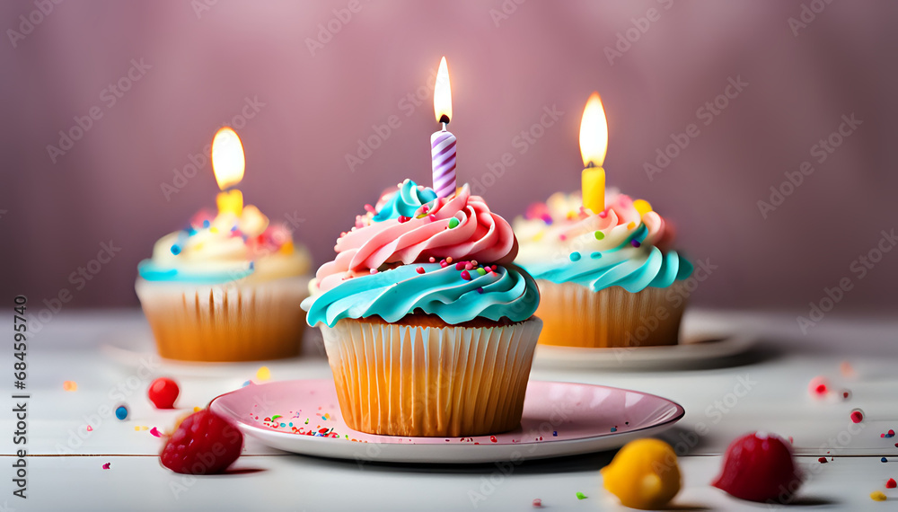 Birthday cupcake with lit birthday candle Number three for three years or third anniversary - obrazy, fototapety, plakaty 
