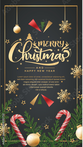 christmas card with cane, merry christmas card vertical black background, christmas elements, golden color christmas banner illustration, merry christmas card, merry christmas banner, christmass  tree