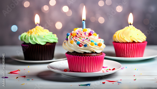 Birthday cupcake with lit birthday candle Number three for three years or third anniversary