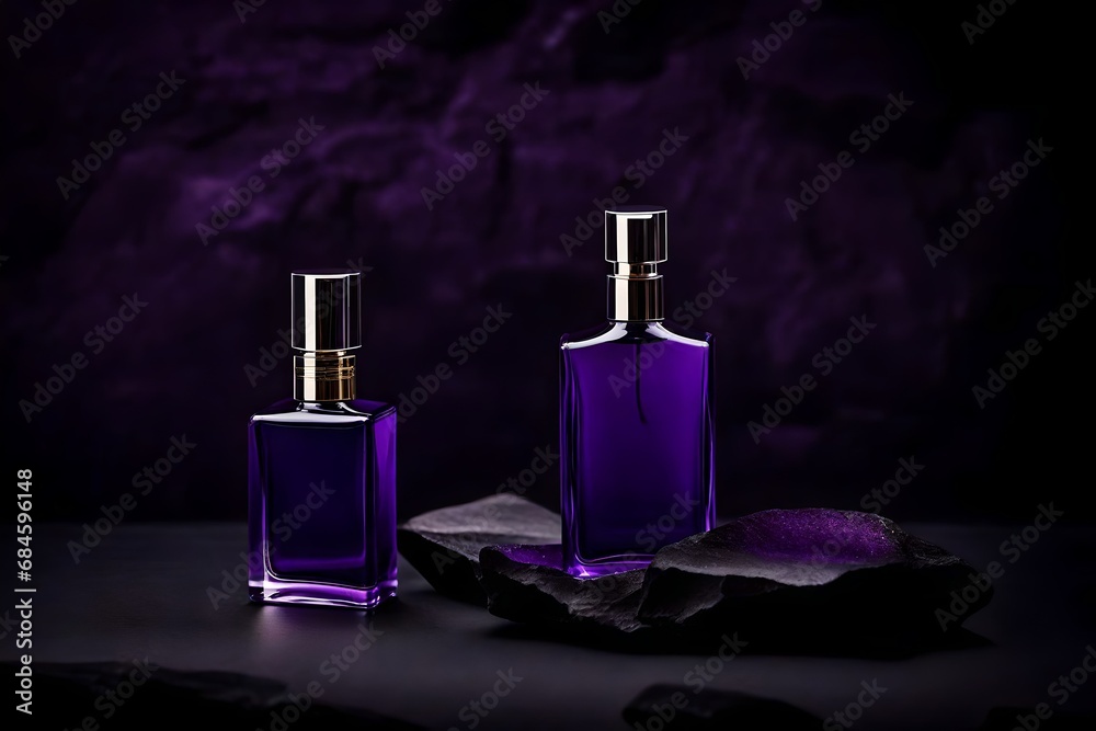 elegant purple perfume flacon in black stone slab background elegant purple perfume flacon in black stone slab background