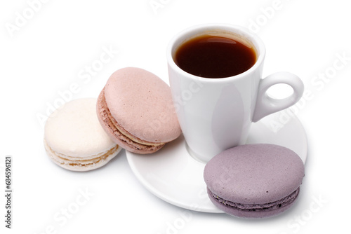 Cup of coffee  with colorful french macaroons