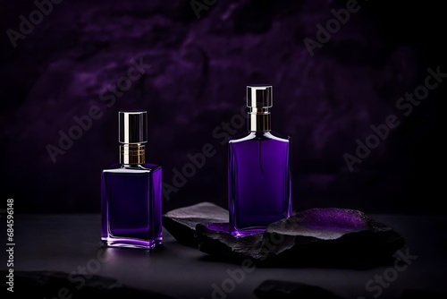 elegant purple perfume flacon in black stone slab background