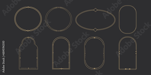 Set Golden celestial frames, borders, oval, circle and arch line art esoteric minimal decoration with sparkles isolated on dark background.