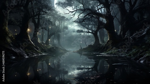 An enchanted forest in the moonlight