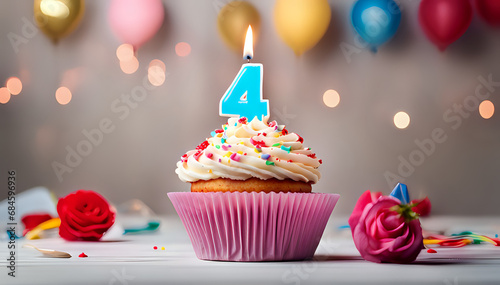 Birthday cupcake with lit birthday candle Number four for four years or quarter anniversary