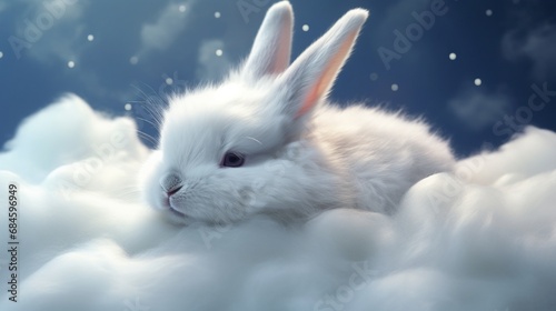 white rabbit sleeping on a cloud with a blue sky background