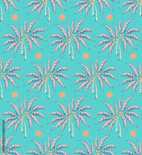 summer minimalist palm springs beach preppy pink and teal blue funky modern retro mid mod century style tilt palm trees design, vector illustration repeat seamless pattern