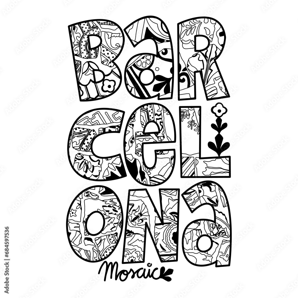 Illustration in black and white of the word Barcelona made in modernist mosaic, souvenir of Barcelona. Coloring page
