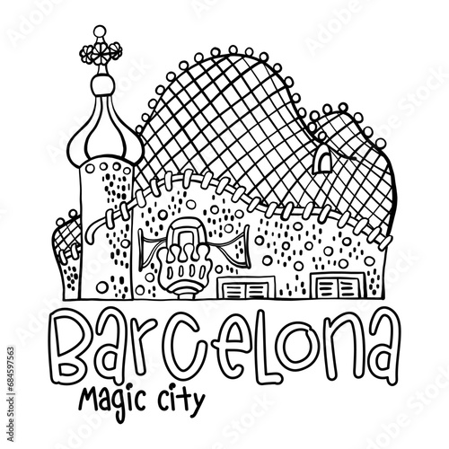 Illustration in black and white of the Batlló house in Barcelona, a souvenir from Barcelona. Coloring page photo