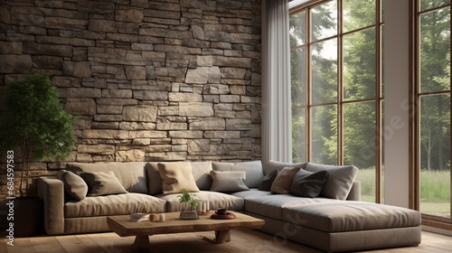 Corner sofa against the window in a room with stone cladding walls 