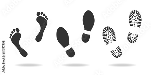 Footprints human icon set. Man footprints in shoe and barefoot. Graphic signs isolated on white background. Vector illustration