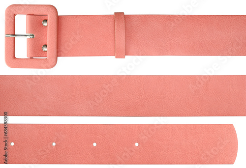 Color salmon leather belt isolated on a transparent background. Top view.