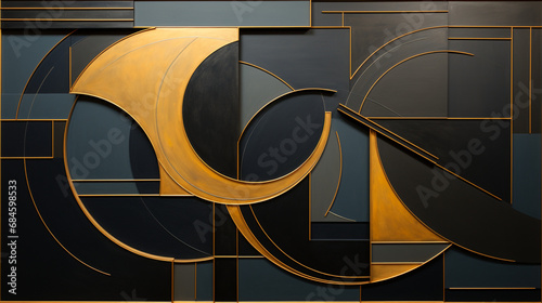 Fond graphique pour conception et création. Arrière-plan de mur en métal, formes géométrique. Noir, doré, or. Lignes, cercles, ornements photo