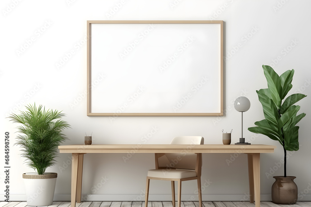 Minimal and comfort home working space interior with wooden furniture, copy space for montage on wooden table and blank frame on white wall. 3d rendering. Generative Ai. Minimal and comfort home working space interior with wooden furniture, copy space for montage on wooden table and blank frame on white wall. 3d rendering. Generative Ai.