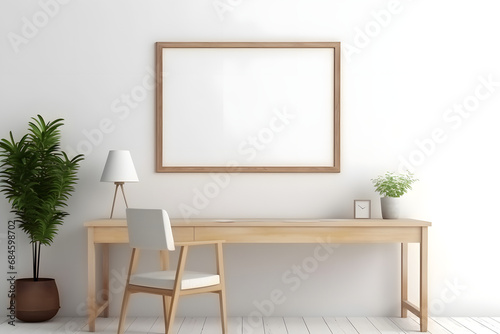 Minimal and comfort home working space interior with wooden furniture, copy space for montage on wooden table and blank frame on white wall. 3d rendering. Generative Ai. © tfk