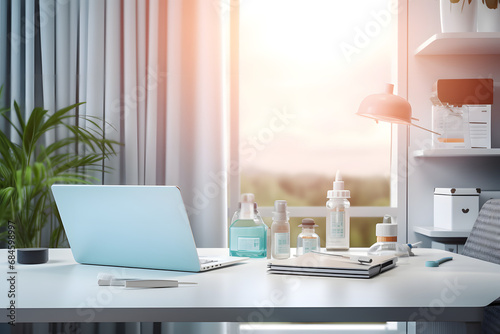 Modern doctor office with laptop, table lamp, stationery and decor on white table over blurred background. doctor's office, examination room. 3d render. Generative Ai. photo