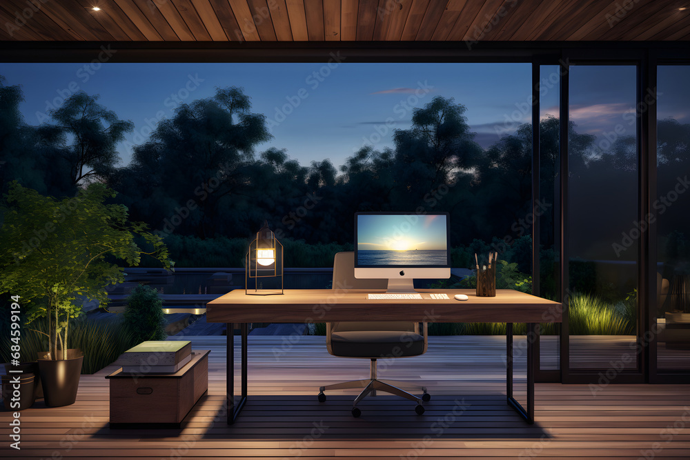 Modern home office room with laptop computer and copy space on working desk over blurred outdoor view at night in the background. 3d rendering. Generative Ai.