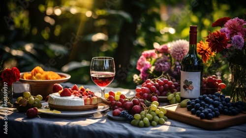 Summer day. In the lush garden decorated table 