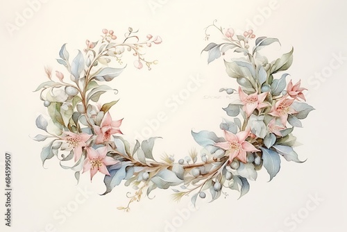 Charming watercolor illustration of a vintage Christmas wreath with muted, pastel-colored ornaments © Idressart