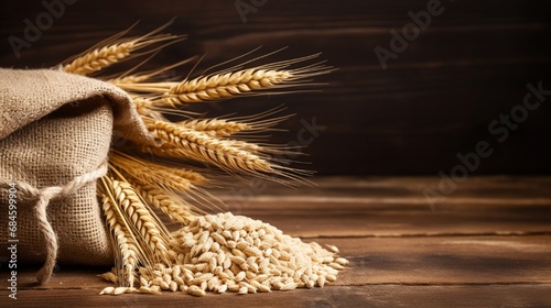 wheat grain in burlap bag on wooden background