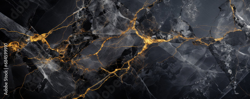 Black marble texture background, wide banner with pattern of gold line in dark rock. Abstract luxury marbled structure close-up. Concept of art, design, stone and wallpaper