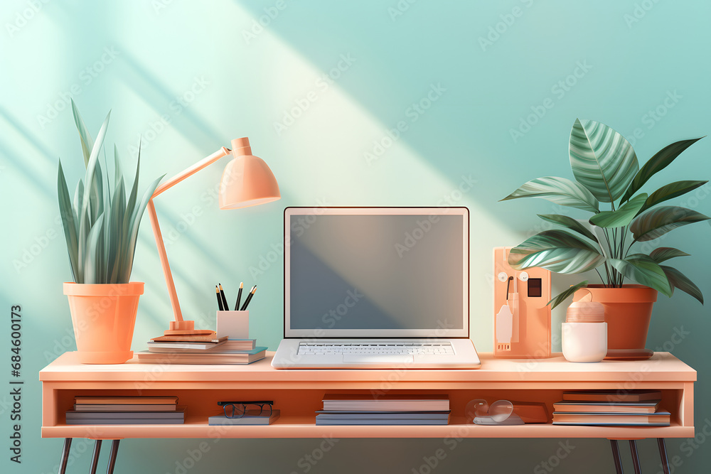 Stylish workspace with desktop computer, office supplies, houseplant and books at office. desk work concept. Generative Ai.