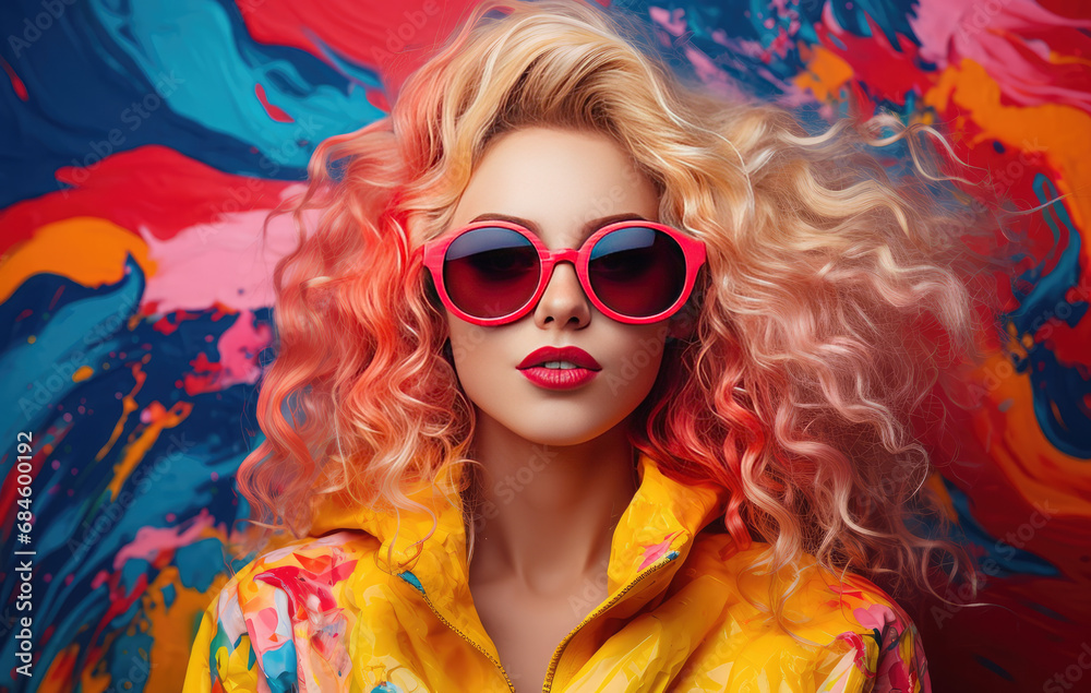 beautiful girl wearing a colorful jacket and red sunglasses