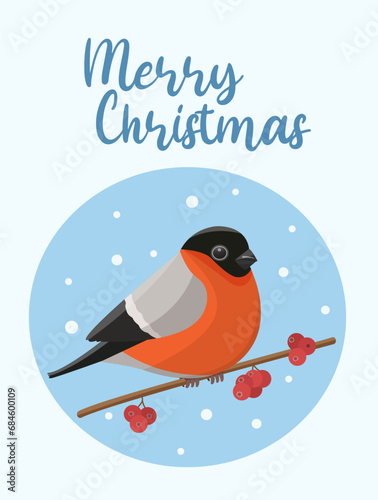 Greeting concept. A bullfinch sits on a branch. Bird vector character. Ideal for print, postcard or label. New Year card. Vector illustration on a white background.