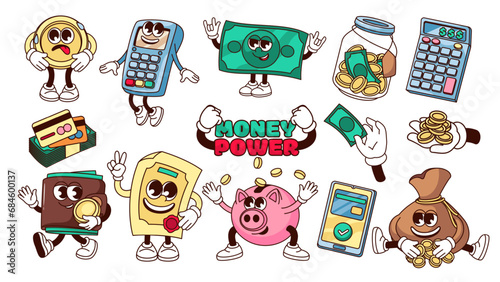 Groovy money set vector illustration. Cartoon isolated retro stickers of funny gold coins and dollar banknotes characters, comic piggy bank and bag, jar with currency to invest, pay or save money