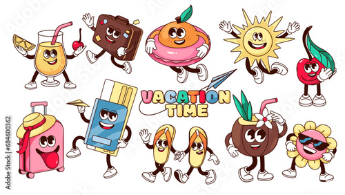 Groovy summer travel vacation stickers set vector illustration. Cartoon isolated retro tropical beach party collection, suitcase and summer drink, fruit and sun character with cute face, arms and legs