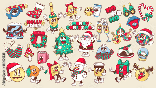 Fototapeta Naklejka Na Ścianę i Meble -  Christmas retro groovy stickers set vector illustration. Cartoon isolated funny Santa and snowman characters, Christmas Tree and trippy emoji, cute psychedelic gifts for hippie winter holidays