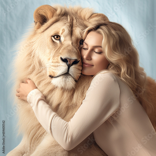 A beautiful young woman with fair hair gently hugs and caresses a wild animal lion, a loving animal portrait close-up on a pastel background.