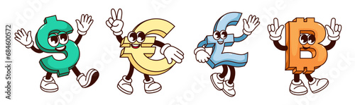 Groovy dollar, pound, euro and bitcoin characters vector illustration. Cartoon isolated money retro stickers, monetary signs collection with funny smiles, walking money mascots with arms and legs
