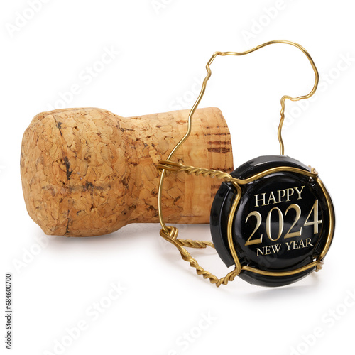 Champagne cork isolated on white background. Happy new year and 2024 text on black cap. Includes clipping path.