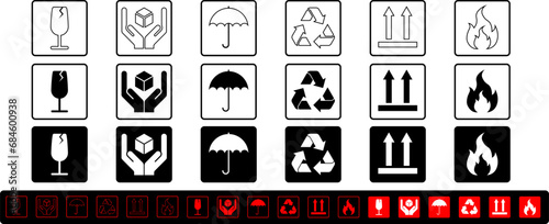 packaging and warning symbol set in Black, white and red color for print flat style icons with frame and outline. Fragile, Handle with care, keep dry, Recycle, This way up, flammable signs