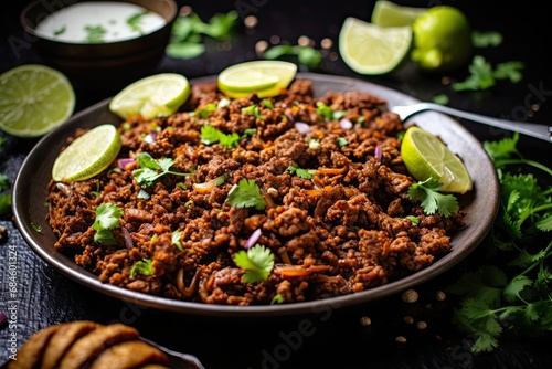 Fried traditional ground beef kim fry, North Indian Pakistani cuisine photo