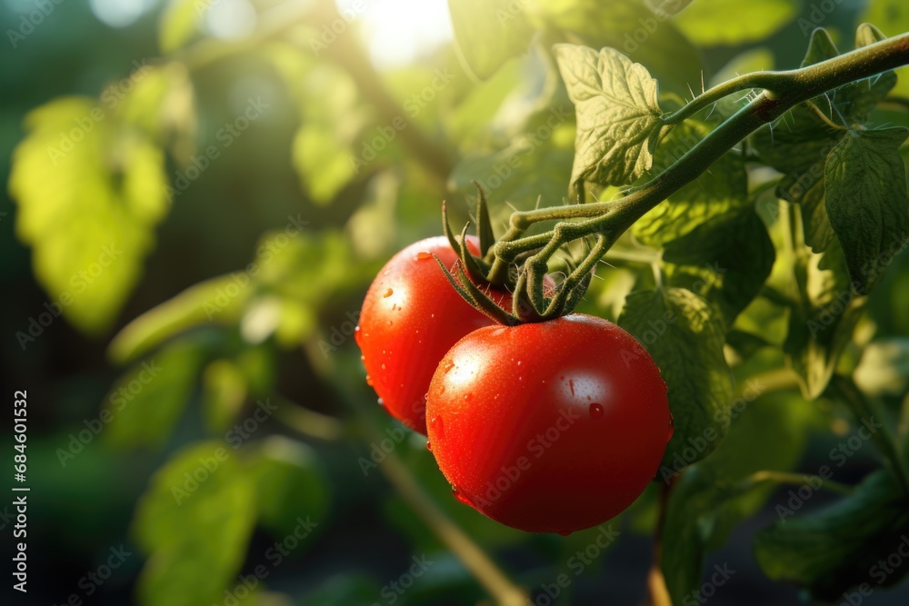 Ripe red tomato on a branch in the greenhouse Ripe red tomato on a branch in the greenhouse