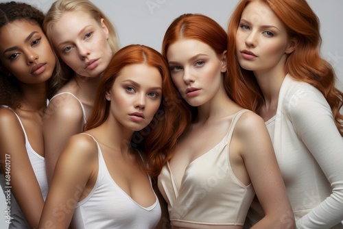 Portrait of beautiful mixed group of multicultural diversity people, international students or friends, Female models with red and brunette hair.