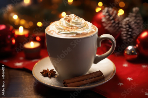 Christmas cappuccino with cinnamon on a New Year's background. AI generative.